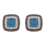 LADIES EARRINGS 3/4 CT WHITE/BLUE/CHOCOLATE ROUND DIAMOND 10K ROSE GOLD