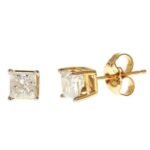 LADIES STUDS 1 CT SOLITARE PRINCESS DIAMOND 14K YELLOW GOLD
