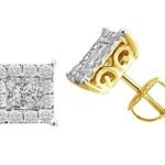 LADIES EARRINGS 1/4 CT ROUND/PRINCESS DIAMOND 14K YELLOW GOLD