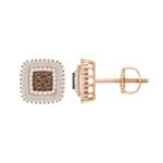 LADIES EARRINGS 1/2 CT WHITE/CHOCOLATE ROUND/BAGUETTE DIAMOND 10K ROSE GOLD