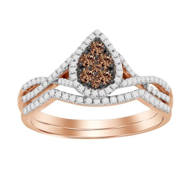 LADIES BRIDAL RING SET 1/3 CT WHITE/CHOCOLATE ROUND DIAMOND 10K ROSE GOLD