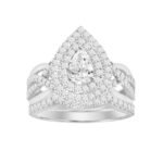 LADIES BRIDAL RING SET 1 CT ROUND/PEAR DIAMOND 14K WHITE GOLD