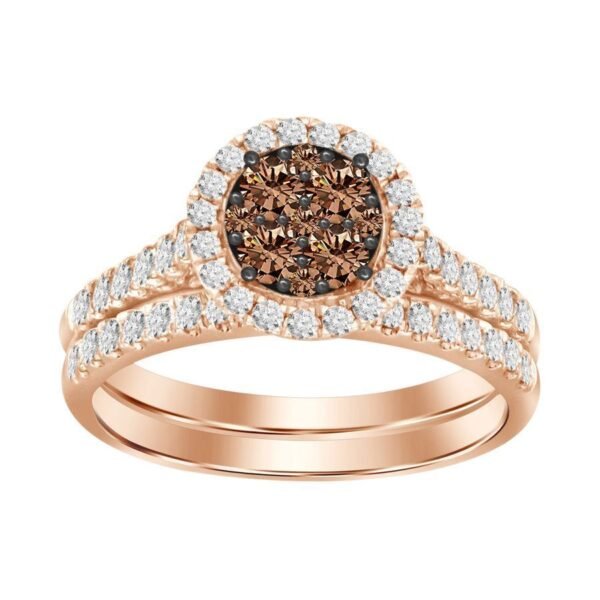 LADIES BRIDAL RING SET 3/4 CT WHITE/CHOCOLATE ROUND DIAMOND 14K ROSE GOLD