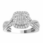 LADIES BRIDAL RING SET 7/8 CT ROUND/BAGUETTE DIAMOND 14K WHITE GOLD