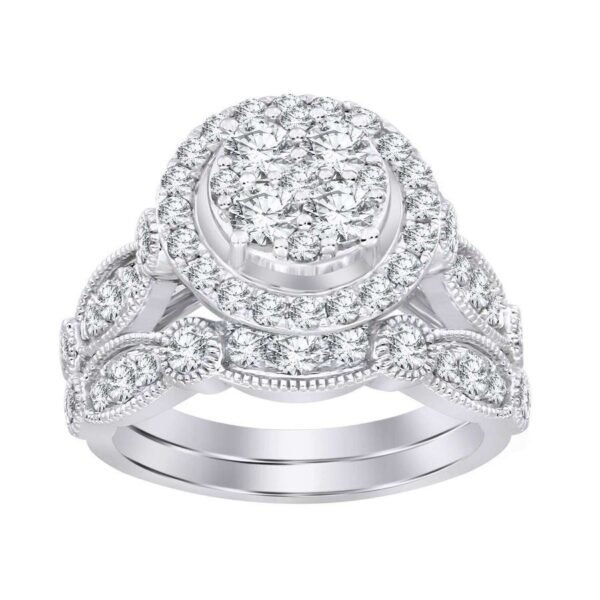 LADIES BRIDAL RING SET 1 1/2 CT ROUND DIAMOND 14K WHITE GOLD