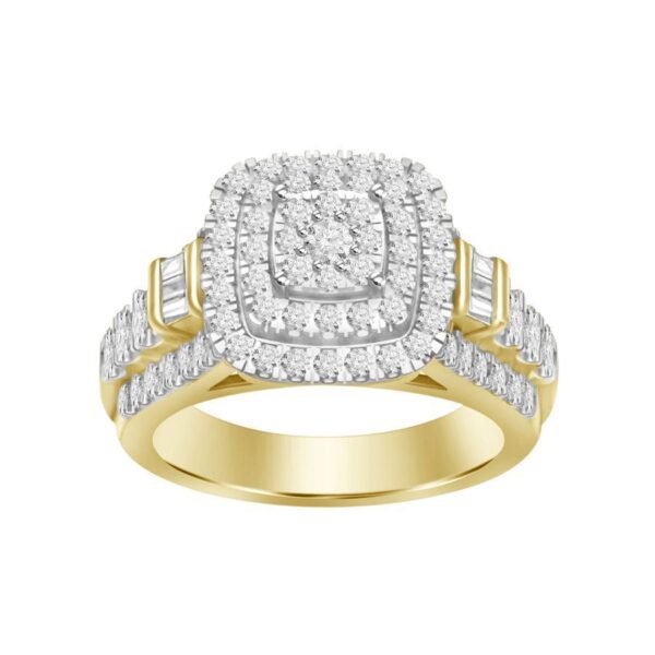 LADIES RING 1 1/2 CT ROUND/BAGUETTE DIAMOND 10K YELLOW GOLD