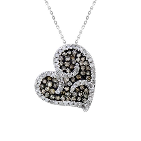 LADIES HEART PENDANT 3/4 CT WHITE/CHOCOLATE ROUND DIAMOND SILVER