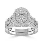 LADIES BRIDAL RING SET 1 CT ROUND DIAMOND 14K WHITE GOLD