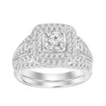 LADIES BRIDAL RING SET 1 CT ROUND DIAMOND 14K WHITE GOLD