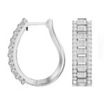 LADIES HOOPS EARRING 1 CT ROUND/BAGUETTE DIAMOND 10K WHITE GOLD