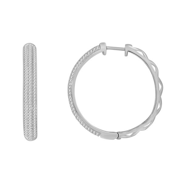 LADIES HOOP EARRINGS 3/4 CT ROUND DIAMOND 10K WHITE GOLD