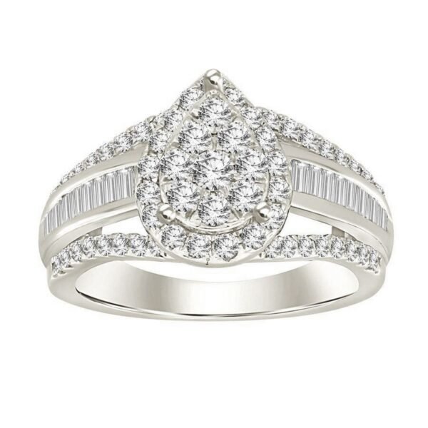 LADIES RING 1 CT ROUND/BAGUETTE DIAMOND 10K WHITE GOLD