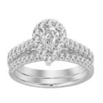 LADIES BRIDAL RING SET 1 CT ROUND/PEAR DIAMOND 14K WHITE GOLD