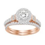 LADIES BRIDAL RING SET 1 CT ROUND/BAGUETTE DIAMOND 14K ROSE GOLD