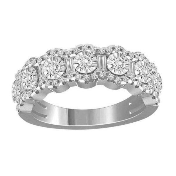 LADIES RING 1 CT ROUND/BAGUETTE DIAMOND 10K WHITE GOLD