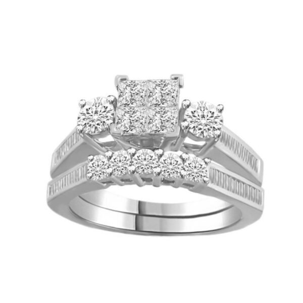 LADIES BRIDAL RING SET 1 1/2 CT ROUND/PRINCESS/BAGUETTE DIAMOND 14K WHITE GOLD