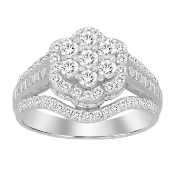 LADIES RING 1 CT ROUND/BAGUETTE DIAMOND 10K WHITE GOLD