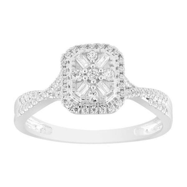 LADIES RING 1/4 CT ROUND/BAGUETTE DIAMOND 10K WHITE GOLD