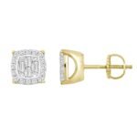 LADIES EARRING 1/6 CT ROUND/BAGUETTE DIAMOND 10K YELLOW GOLD