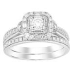 LADIES BRIDAL RING SET 1/2 CT ROUND/BAGUETTE DIAMOND 14K WHITE GOLD