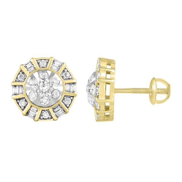 UNISEX EARRINGS 1/2 CT ROUND/BAGUETTE DIAMOND 10K YELLOW GOLD