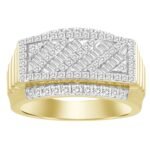 MEN'S RING 1 CT ROUND/BAGUETTE DIAMOND 14K YELLOW GOLD