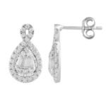 UNISEX EARRINGS 3/4 CT ROUND/BAGUETTE DIAMOND 14K WHITE GOLD