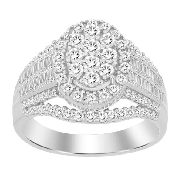 LADIES RING 3 CT ROUND/BAGUETTE DIAMOND 10K WHITE GOLD