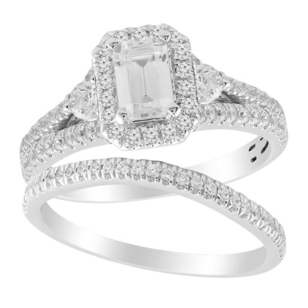 LADIES BRIDAL RING SET 1 1/5 CT ROUND/EMRALD DIAMOND 14K WHITE GOLD(CENTER STONE 1/2)