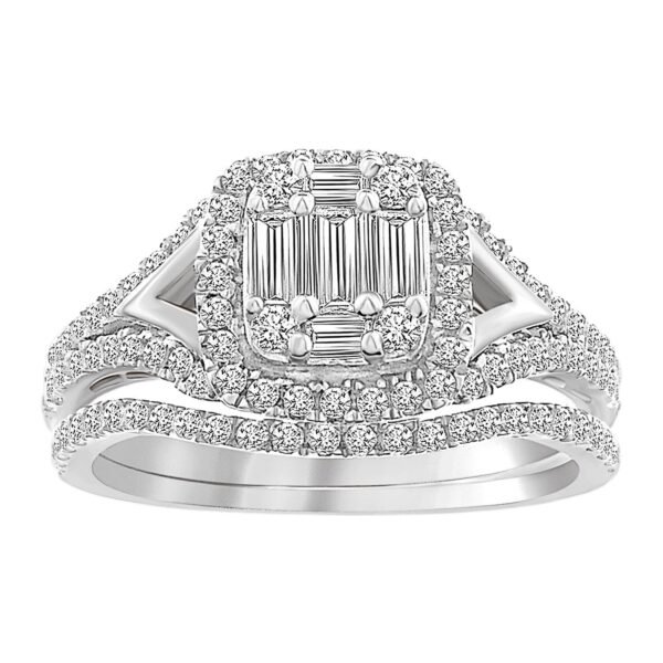 LADIES BRIDAL RING SET 3/4 CT ROUND/BAGUETTE DIAMOND 14K WHITE GOLD